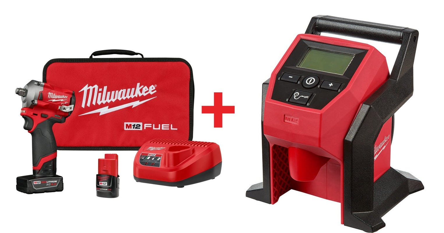 Milwaukee M12 FUEL Stubby 1/2-Inch Ring Impact Wrench 4.0Ah/2Ah Kit with  M12 Cordless Compact Tire Inflator, Bare Tool