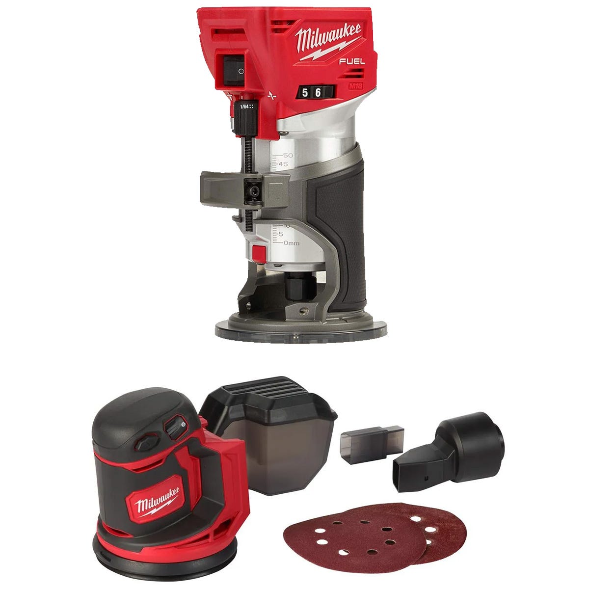 Milwaukee 2723-20 M18 FUEL Brushless Compact Router and Cordless 5-Inch Random  Orbit Sander Kit