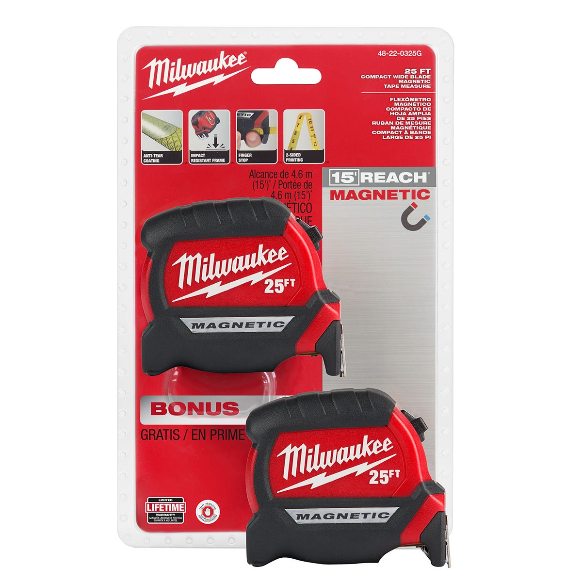 Milwaukee 48-22-0325G 25-Foot Compact Magnetic Tape Measure, 2-Pack
