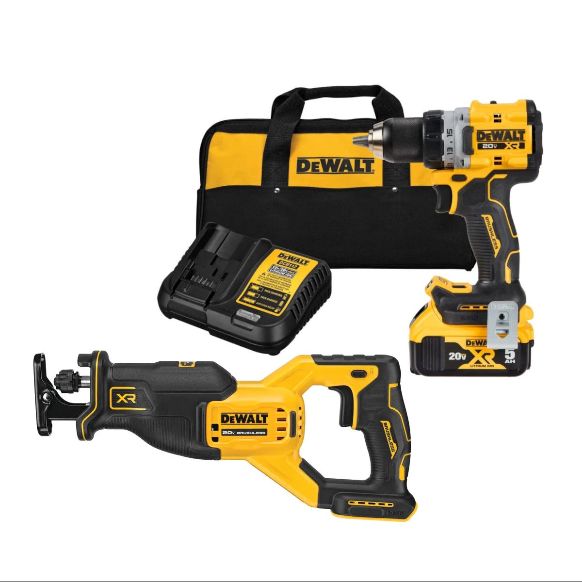 DeWalt 20V MAX XR Brushless Compact 1 2 in. Drill Driver 5.0Ah Kit w 20V MAX XR Brushless Reciprocating Saw Tool Only