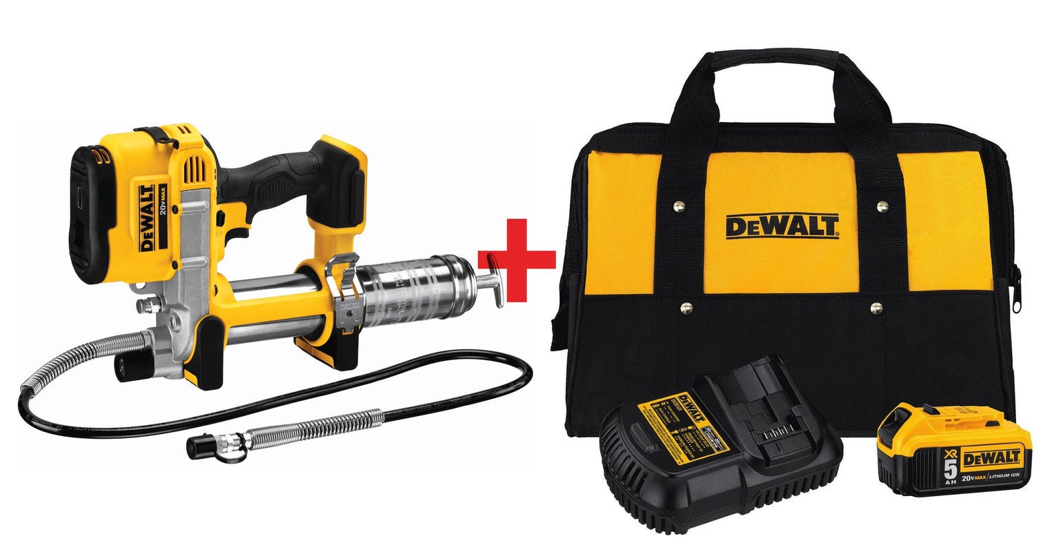 DeWalt 20V MAX Grease Gun Tool Only plus 20V MAX 5.0Ah Starter Kit with Battery Bag