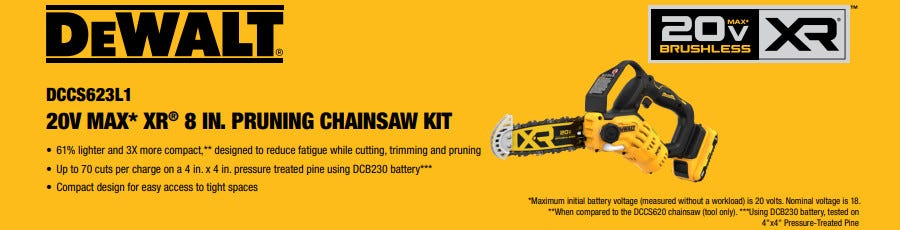 DeWalt DCCS623L1 20V MAX XR Brushless 8 in. Chainsaw 3.0Ah Kit